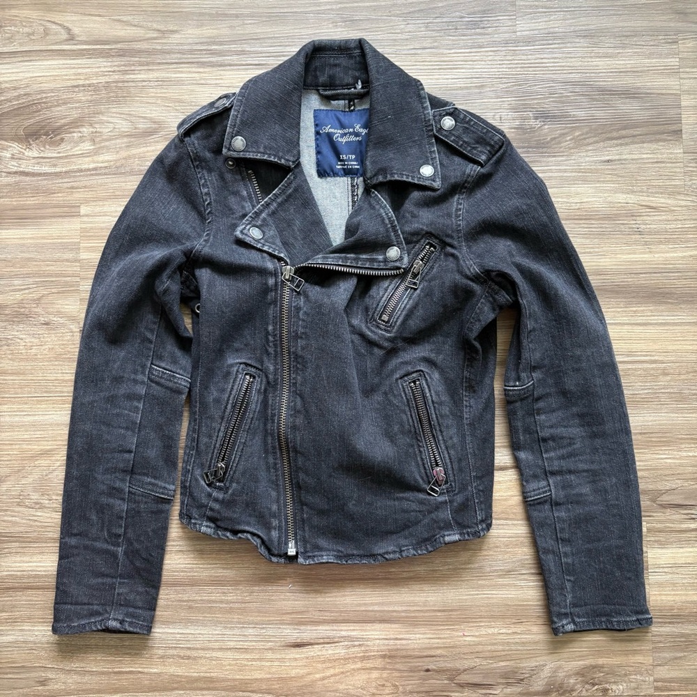 American Eagle Black Denim Moto Jacket